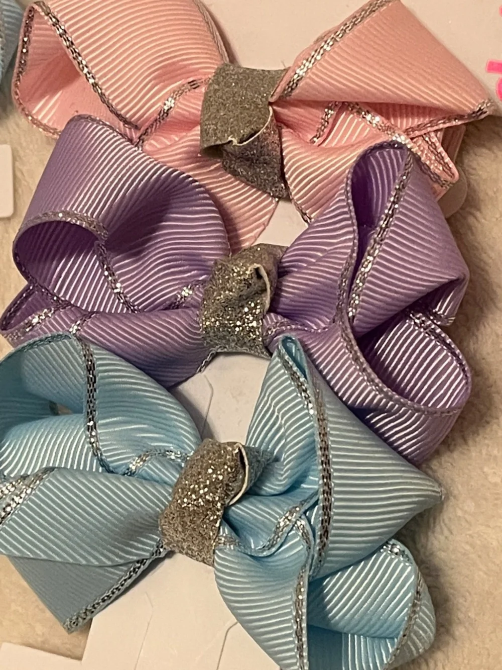 Claire’s Trio Glitter Center Pastel Bow Clips - Pink, Purple, Blue NWT
